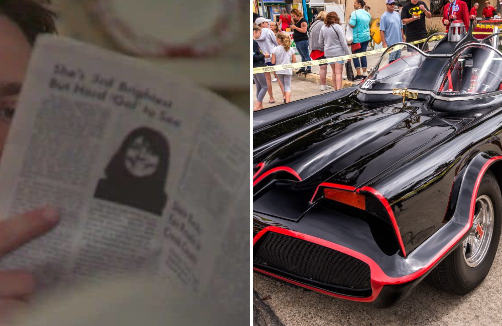 Newspaper @sharegoodstuffs.com /Batmobile ©SteveBruckmann/Shutterstock.com